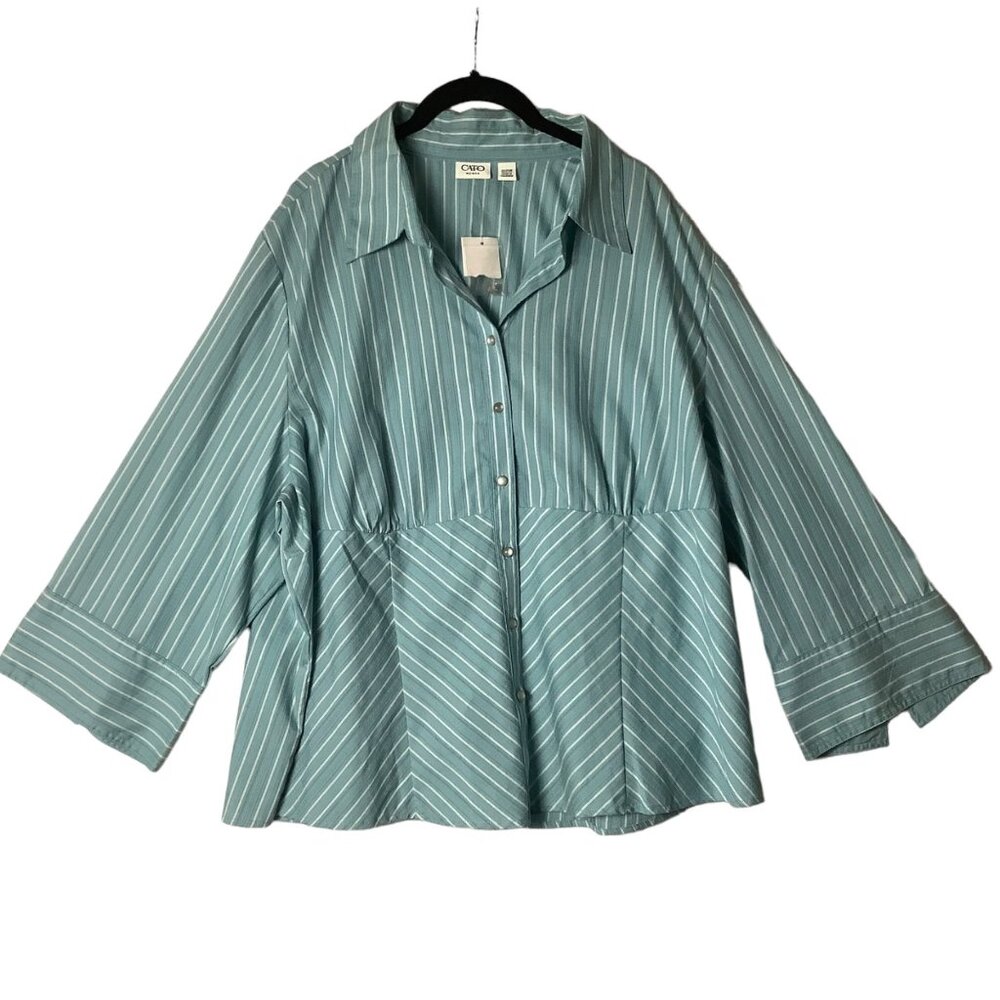 Cato Woman Plus Size 22/24W Teal Striped Button-Up Shirt 3/4 Sleeves Cotton‎ NWT